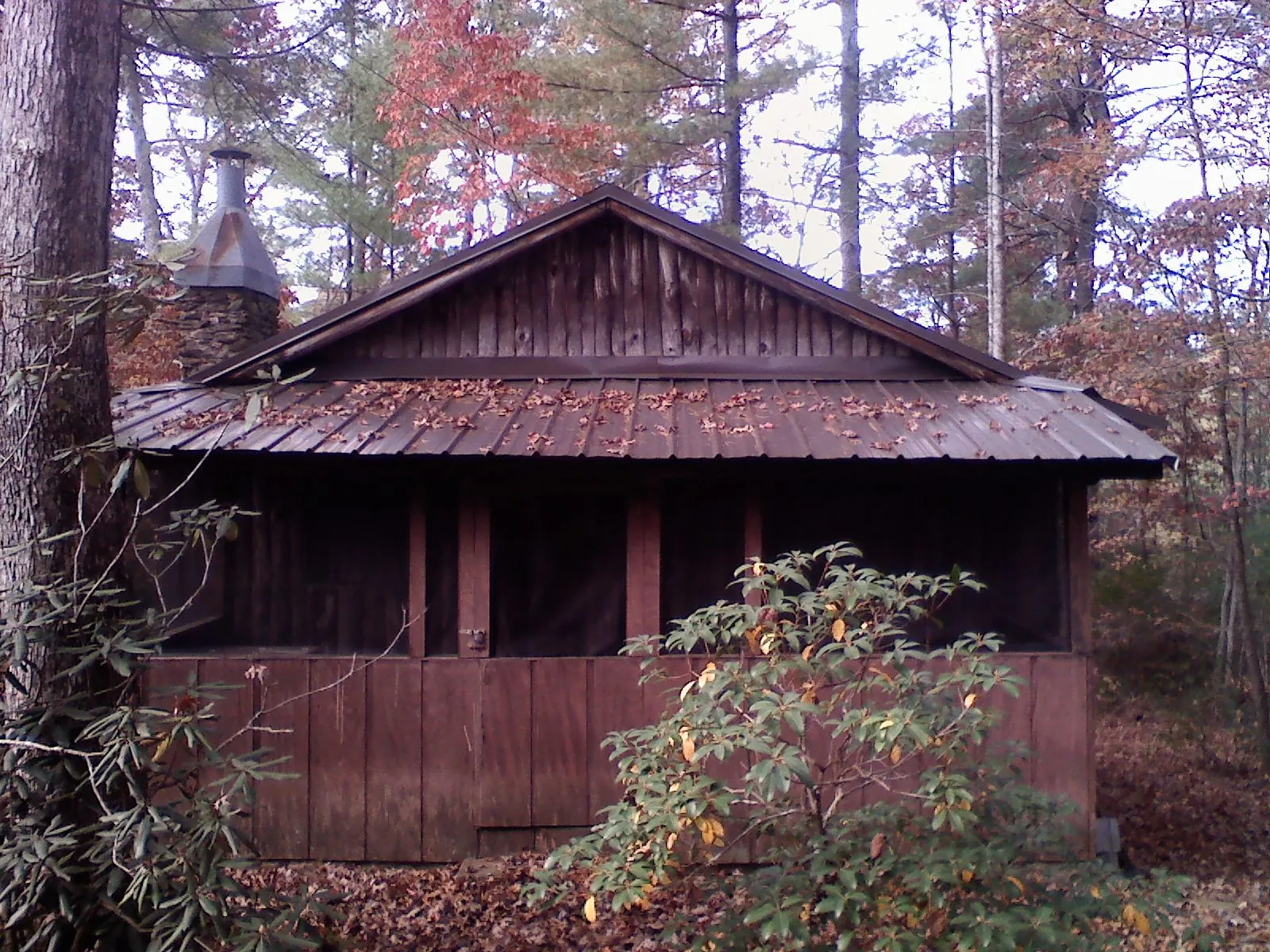 Metal roof over the screened porch of a rustic cabin in Amagansett